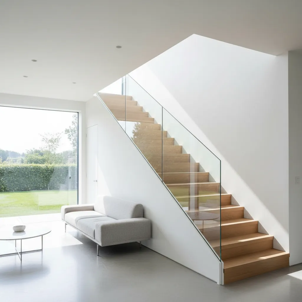 Escalera minimalista de madera sin contrahuella en casa moderna