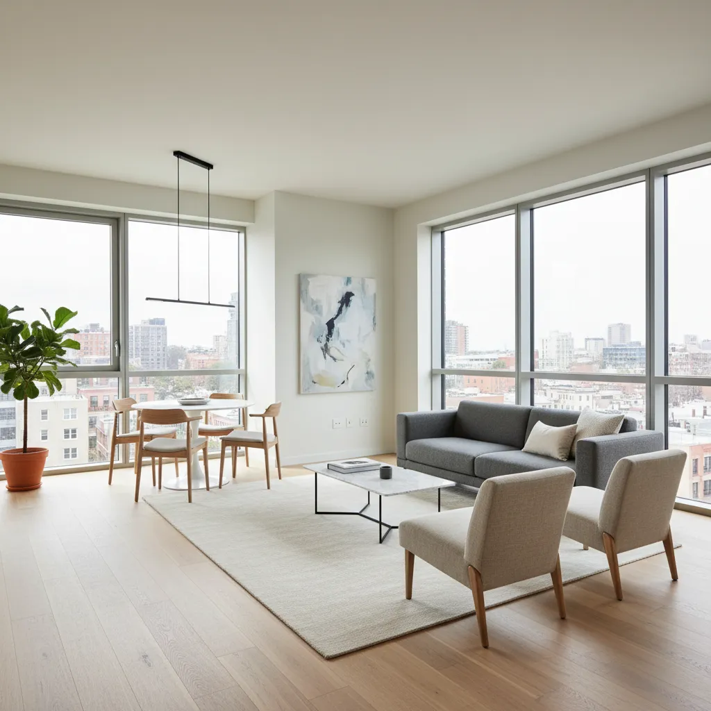 Apartamento minimalista abierto con pocos muebles y mucha luz natural