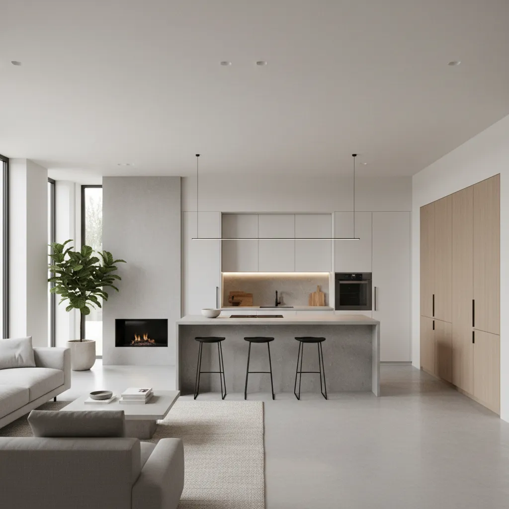 Espacio abierto minimalista con cocina y salón integrados