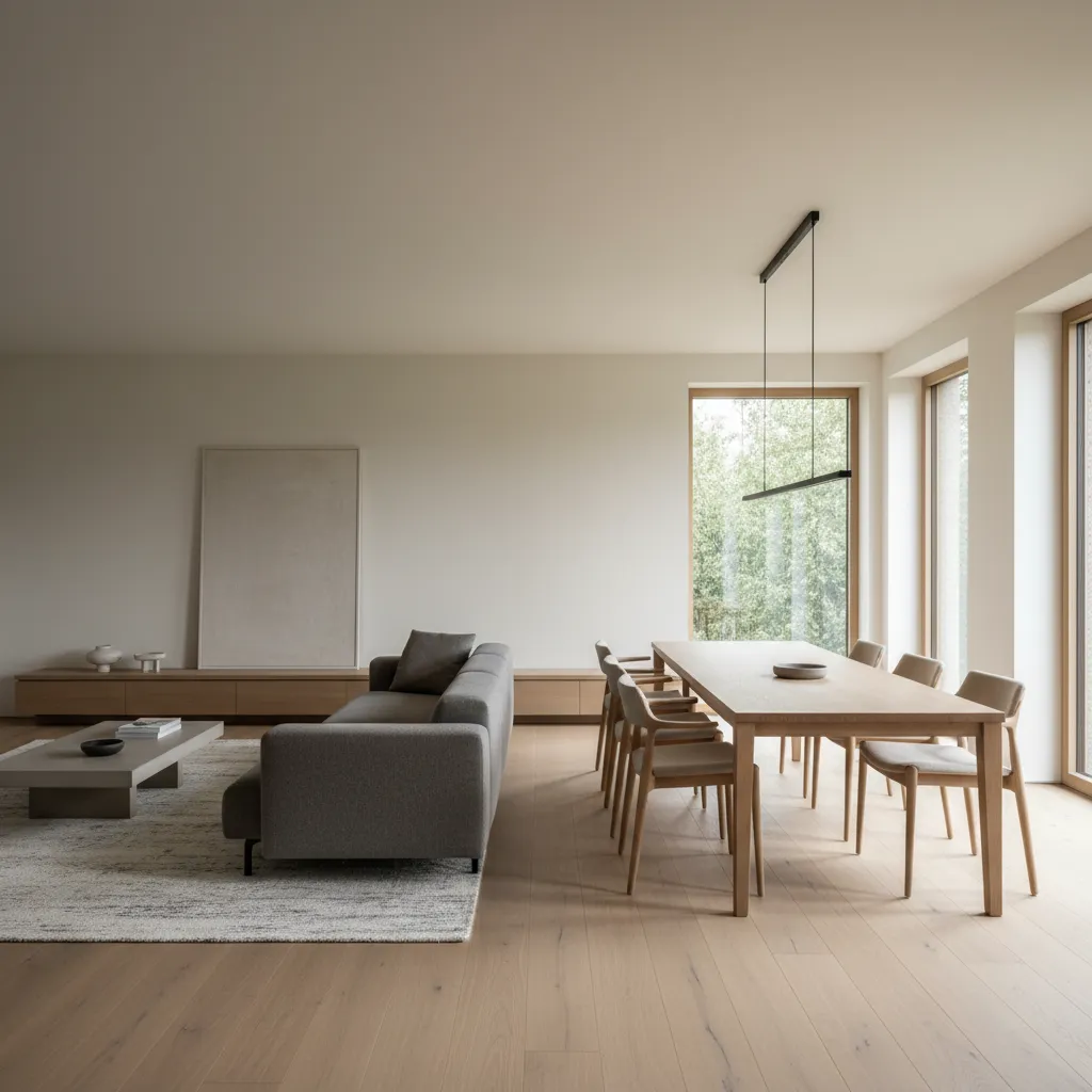 Espacio abierto minimalista con sala y comedor integrados