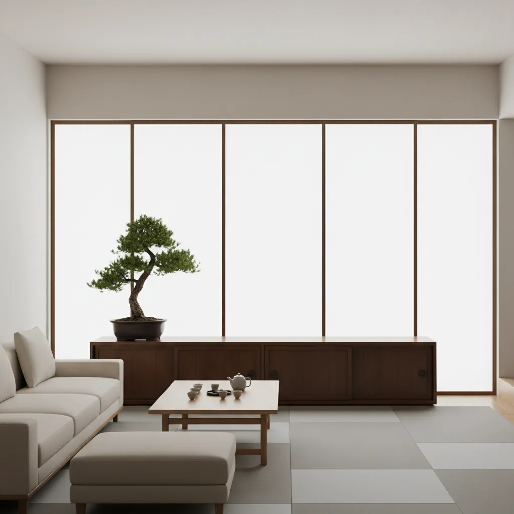 Minimalist oriental interior with bonsai and simple wood furniture