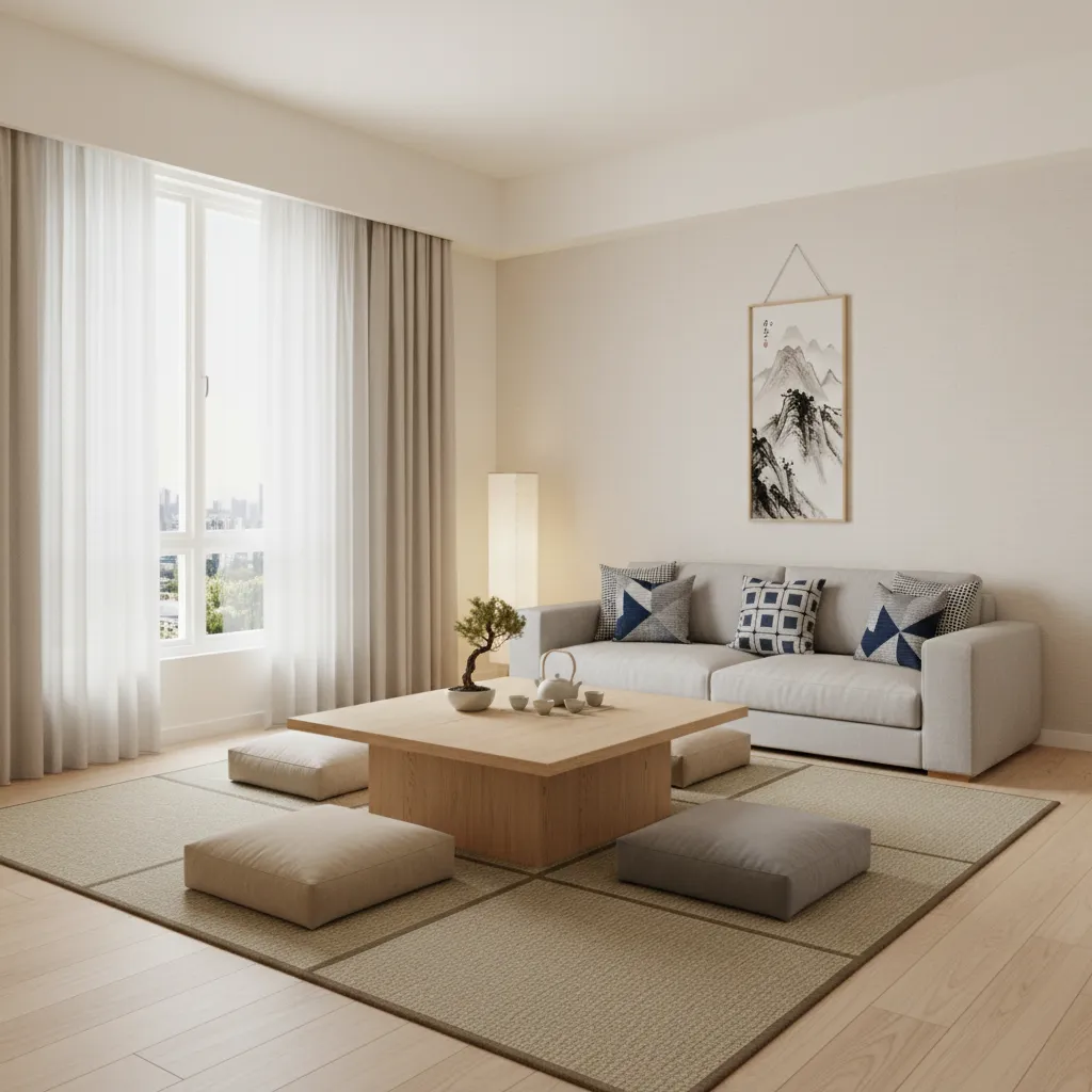 Minimalist Asian style living room in a compact apartment