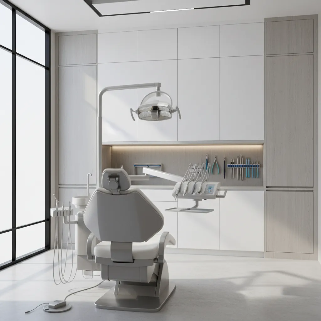 Minimalist orthodontic treatment area with organized equipment and integrated lighting