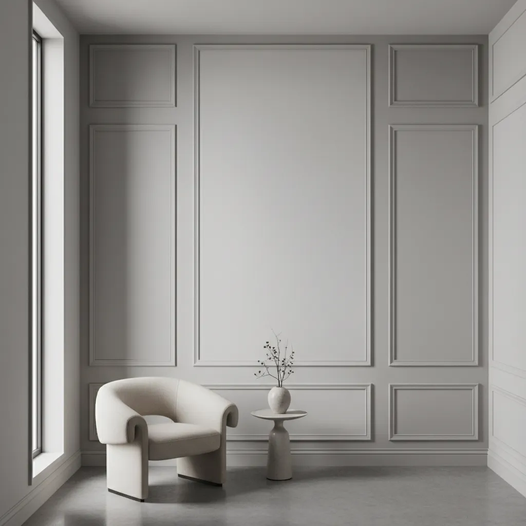 minimalist wall panel lining design with subtle trim frames in a small room