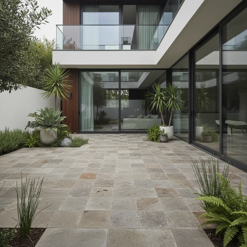Modern home courtyard featuring square stone floor tiles and large glass windows with green plants