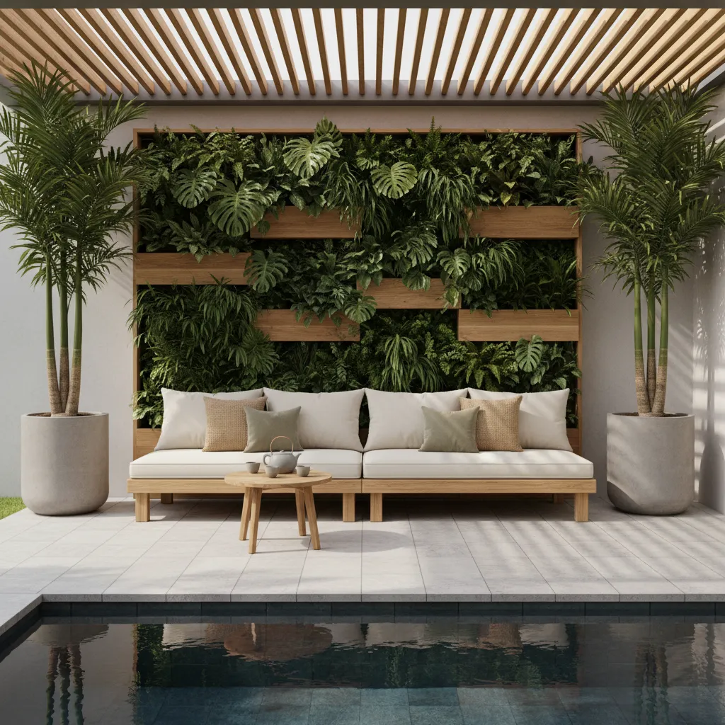 Modern patio with wooden sofa white cushions green plant wall palm trees and swimming pool