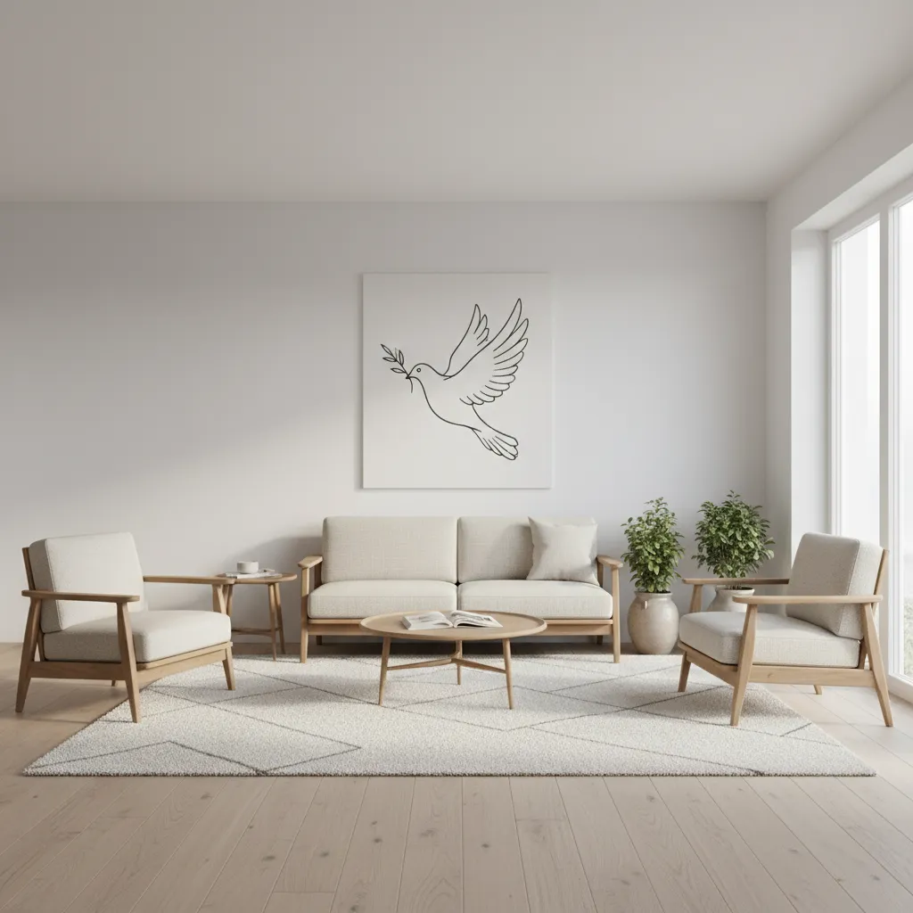Minimalist peace wall painting with simple dove line art in a modern living room