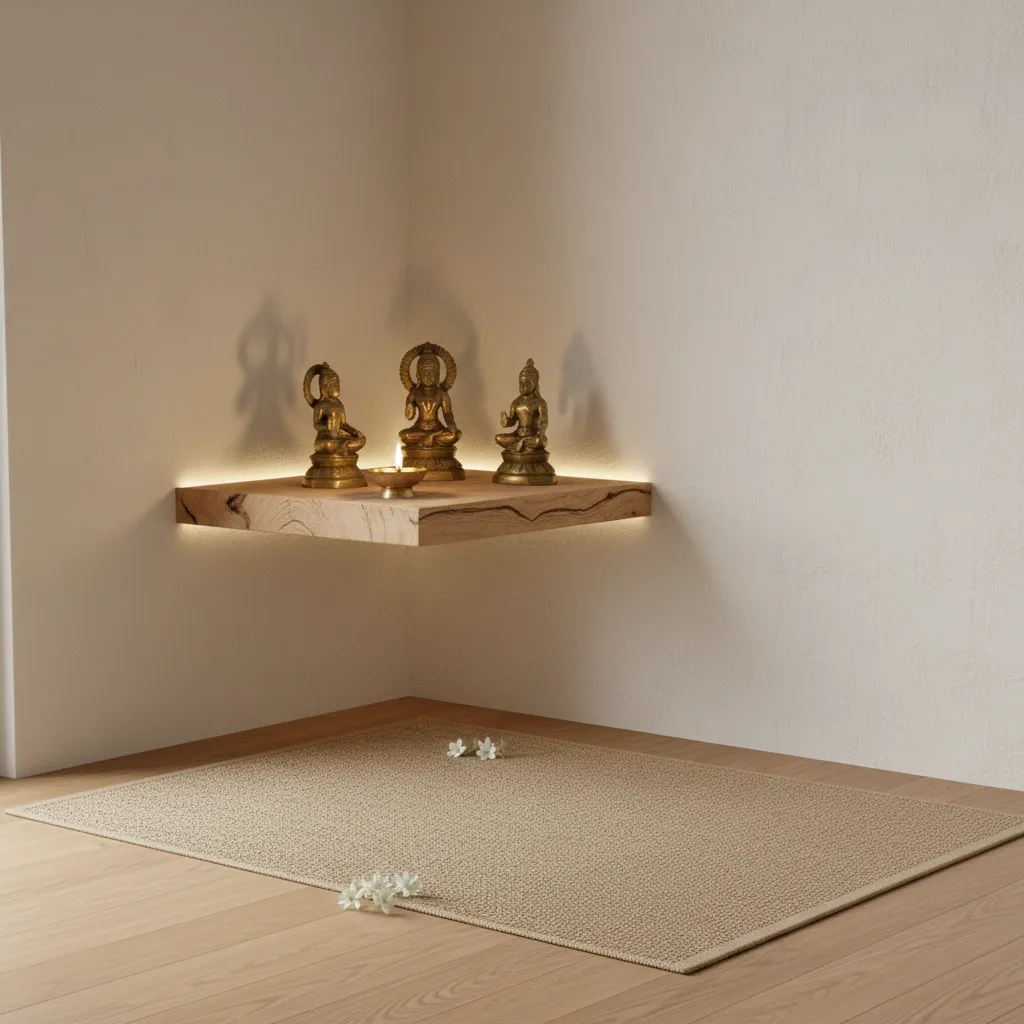 Minimalist pooja corner with warm lighting and simple decor