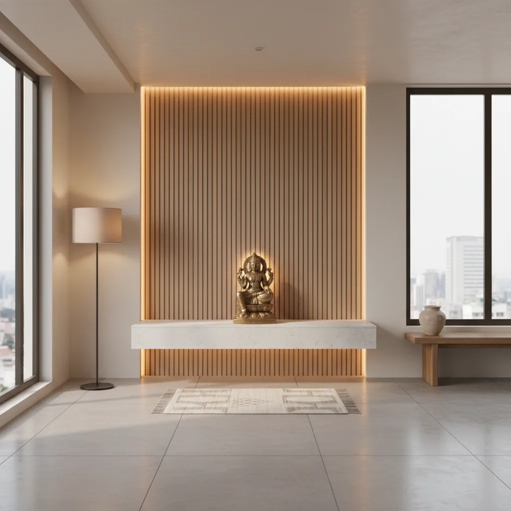 minimalist pooja room with single idol and soft backlighting