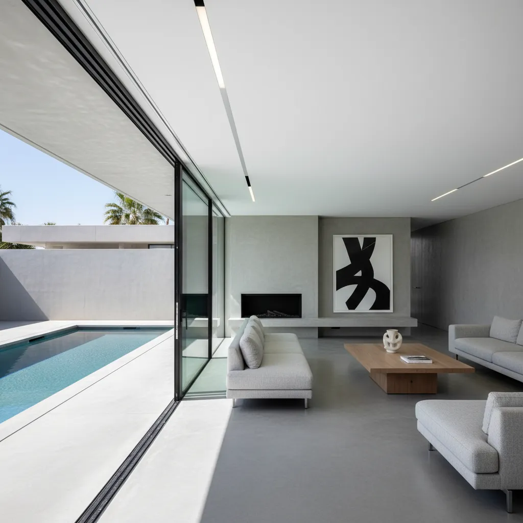 Alberca minimalista alineada con la sala de una casa moderna