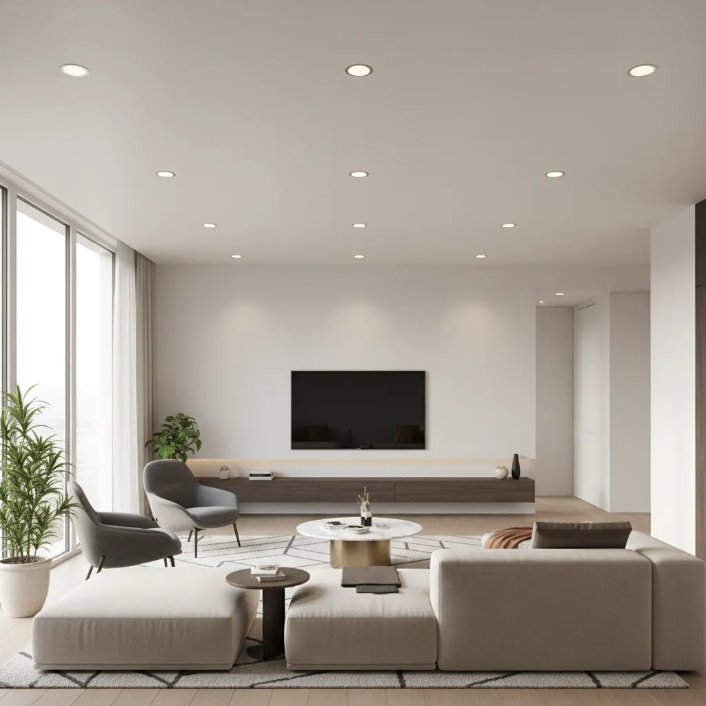 minimalist white POP ceiling with recessed LED lights in a modern living room