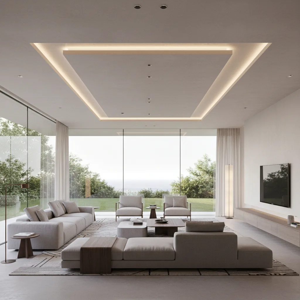 luxury villa interior with minimalist POP ceiling and integrated lighting