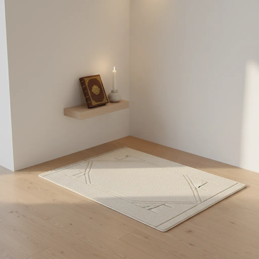 Minimalist home prayer corner with prayer rug, candle, and small altar shelf