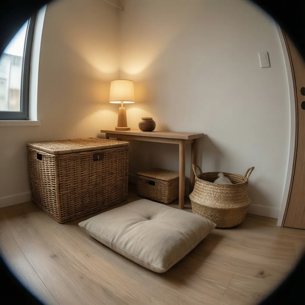 Minimalist prayer corner with cushion and hidden storage basket