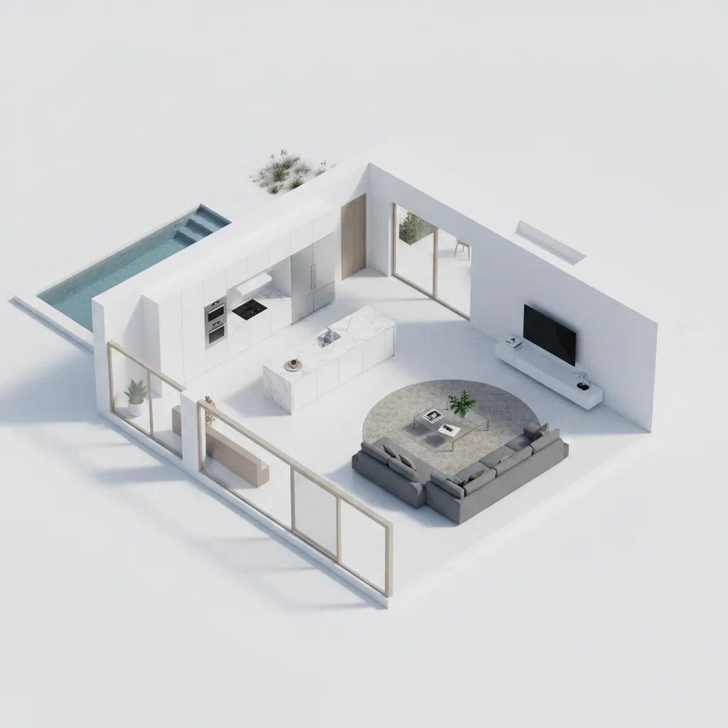 Plano moderno de una casa prefabricada minimalista con distribución abierta