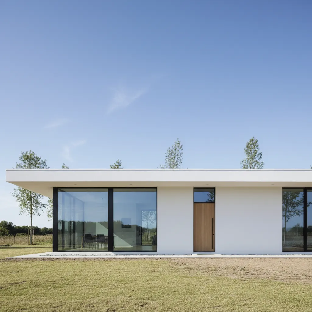 Exterior de una casa prefabricada minimalista con fachada blanca y ventanales