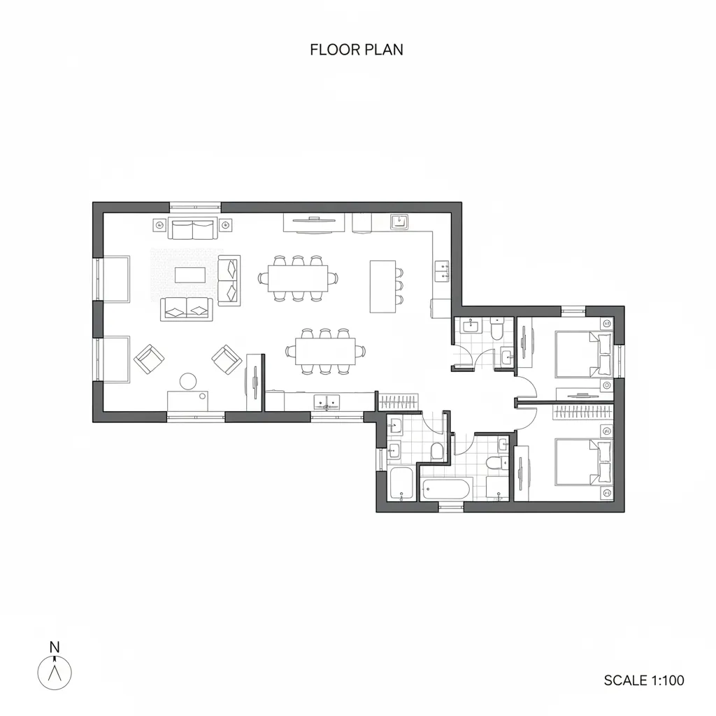 Plano de distribución simple de una casa minimalista prefabricada