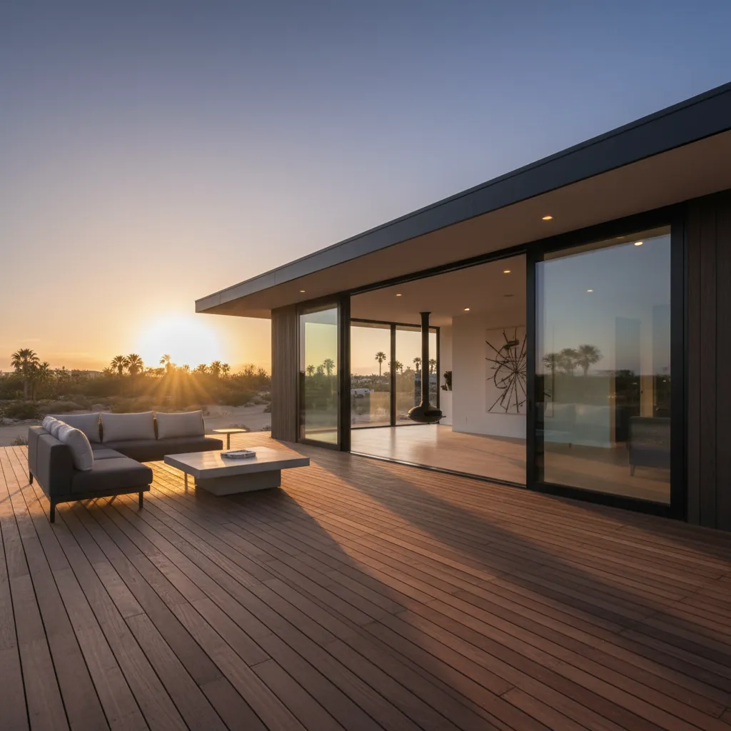 Casa prefabricada minimalista con terraza y conexión interior exterior