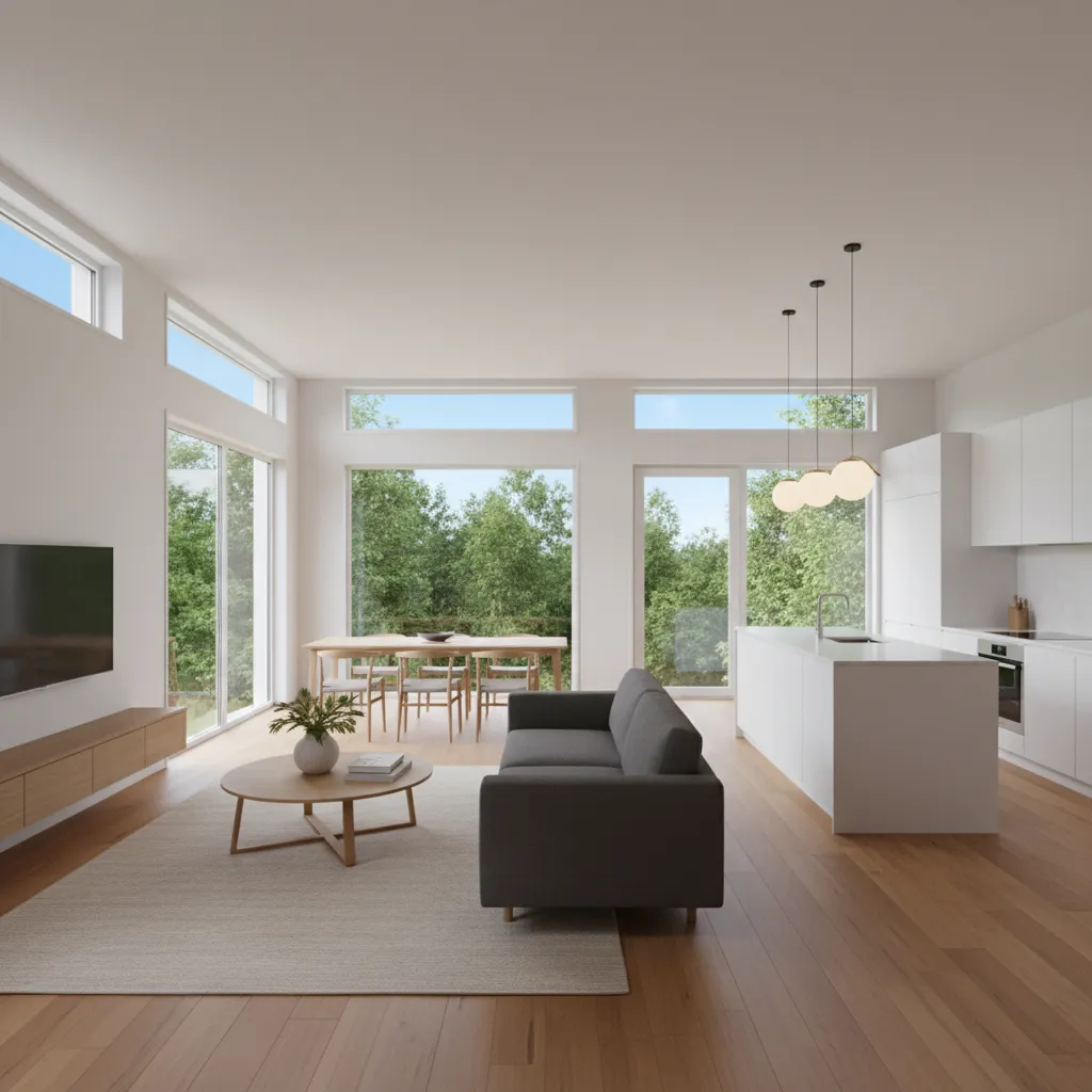 Interior minimalista con cocina integrada y grandes ventanas