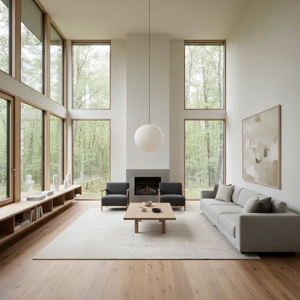 Interior de salón minimalista en una casa prefabricada moderna