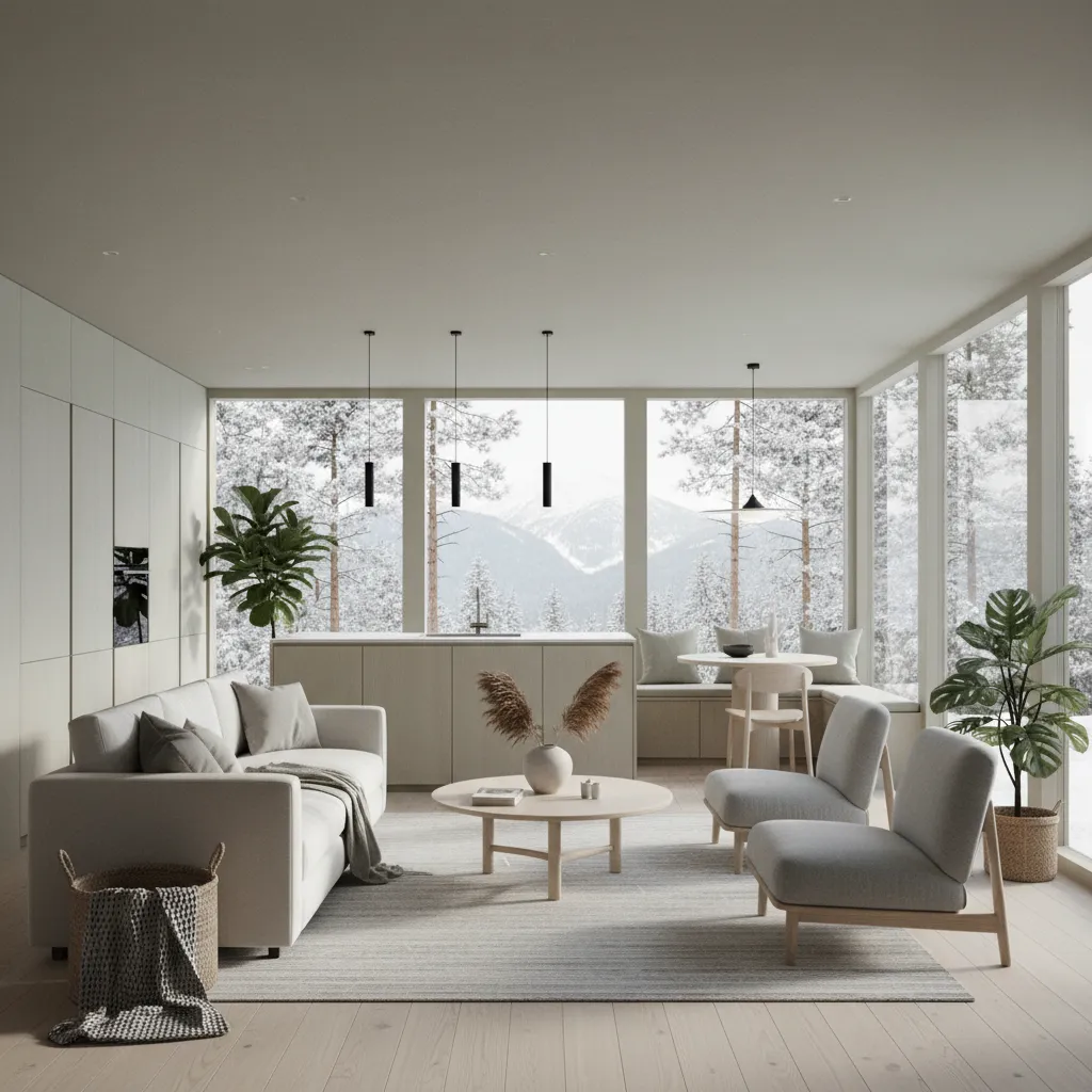Salón minimalista en casa prefabricada con cocina abierta