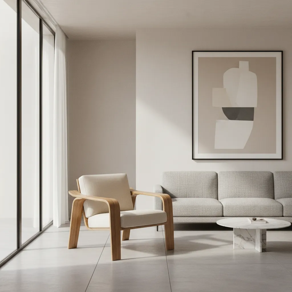 minimalist living room with a single avant garde sculptural chair