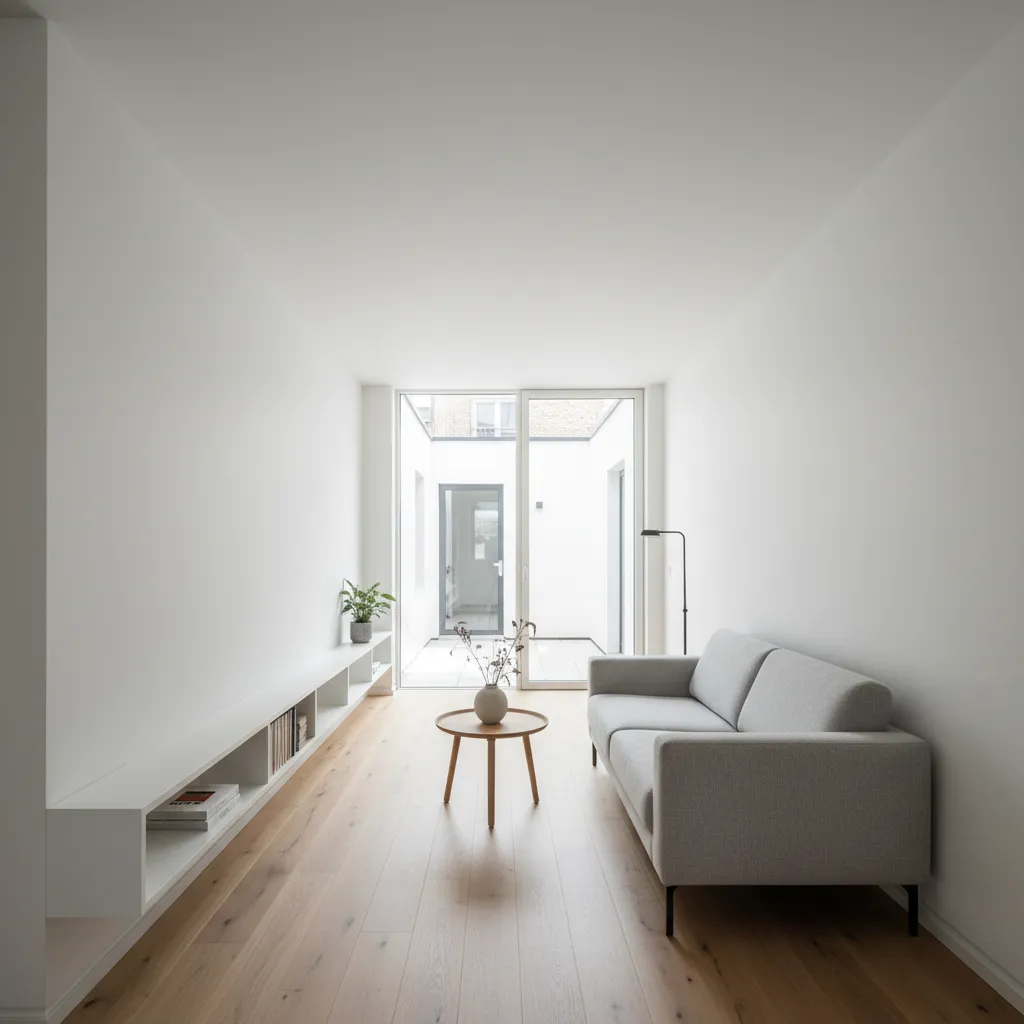 Interior minimalista en casa moderna entre medianeras