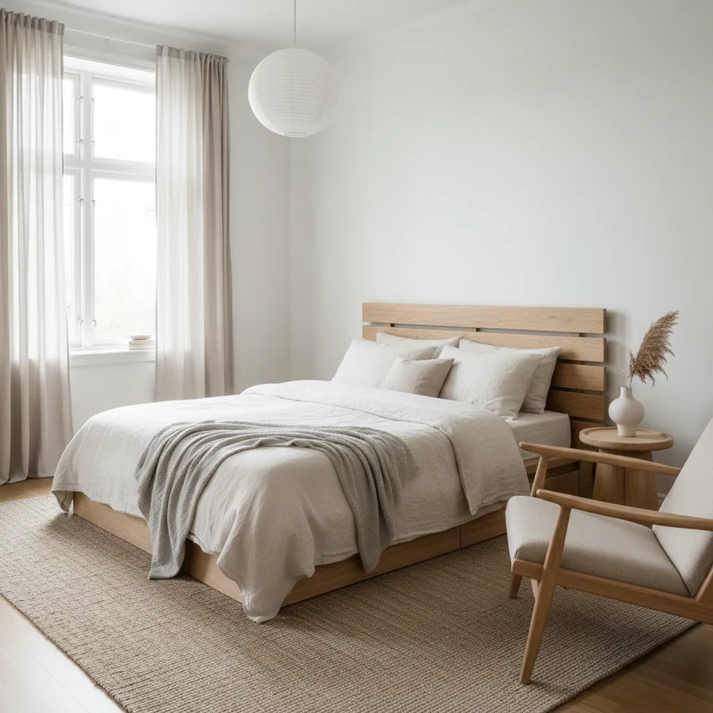 scandinavian minimalist bedroom with light wood accent chair