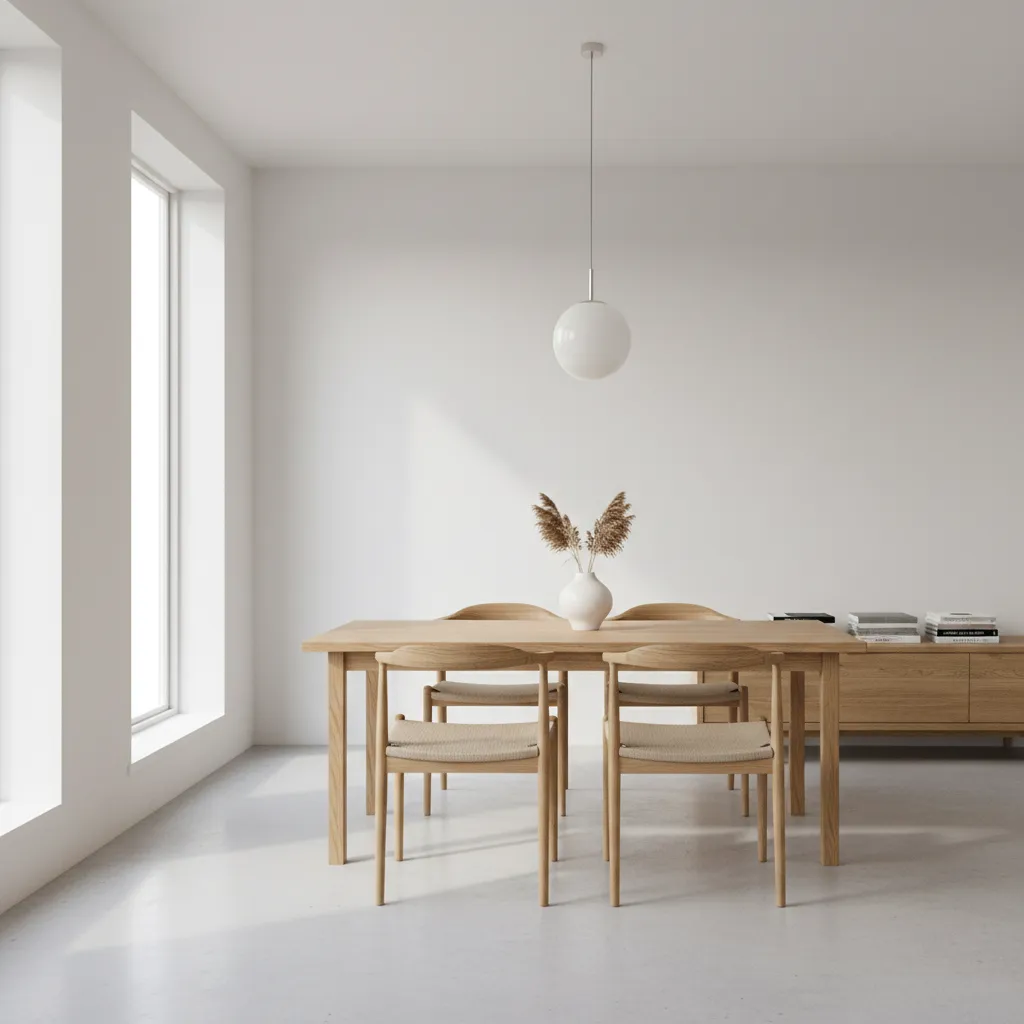 Mesa de comedor escandinava minimalista con sillas de madera clara