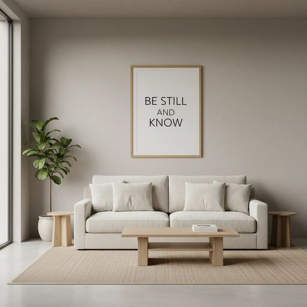 minimalist living room with framed scripture wall art and neutral decor