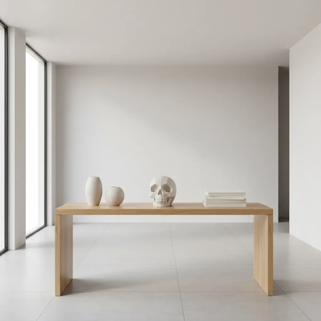 Minimalist console table with ceramic skull sculpture and neutral decor