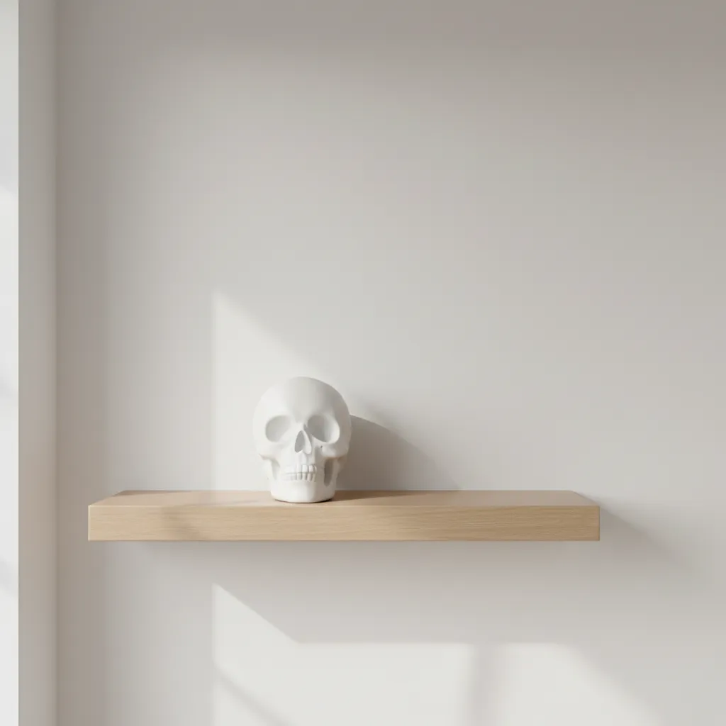 Minimalist interior shelf with white ceramic skull accent