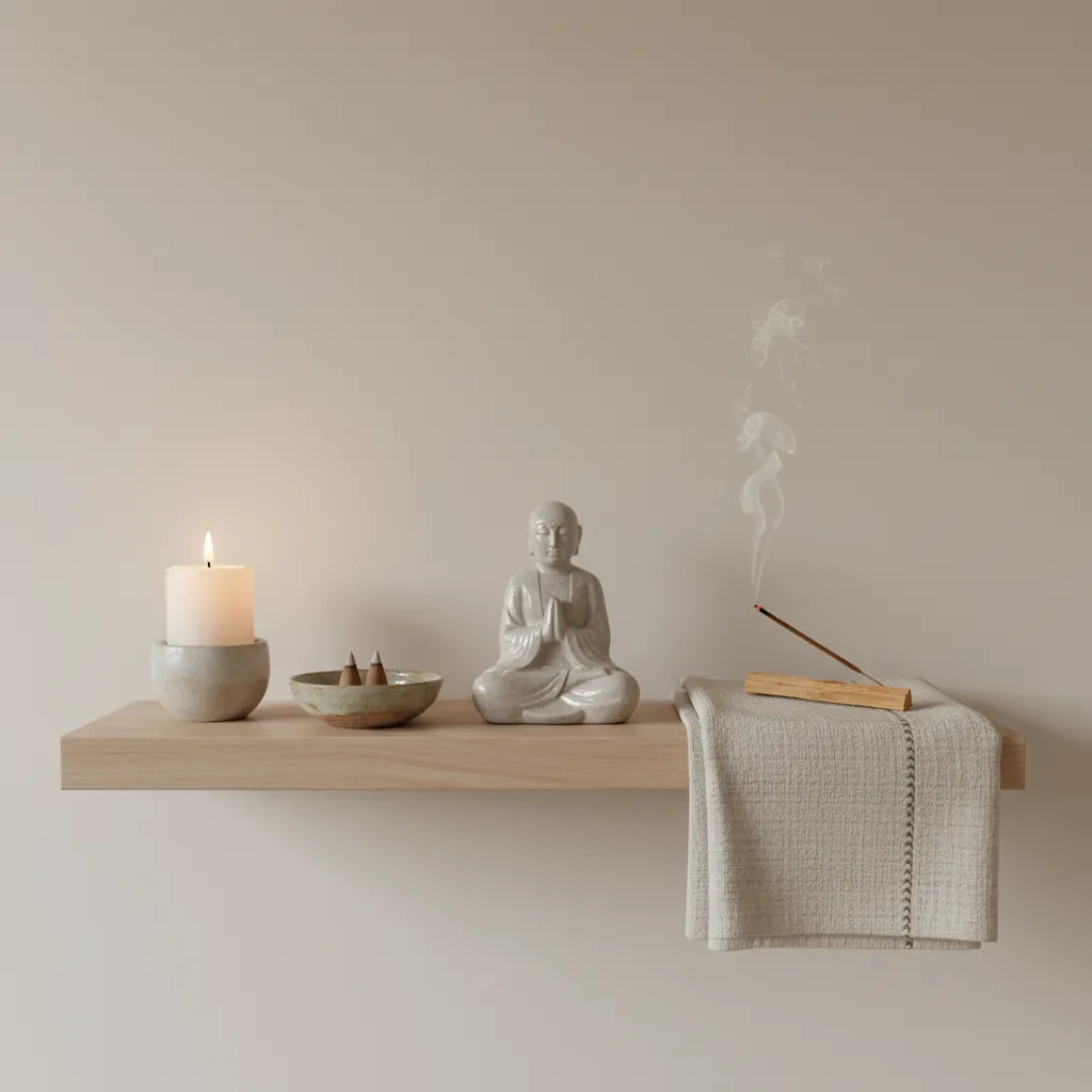 Minimalist small altar with few symbolic objects on a wooden shelf