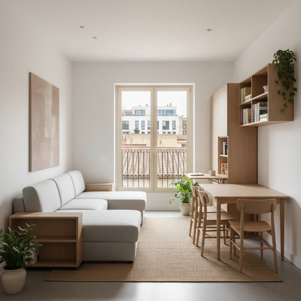 Apartamento pequeño minimalista con muebles funcionales