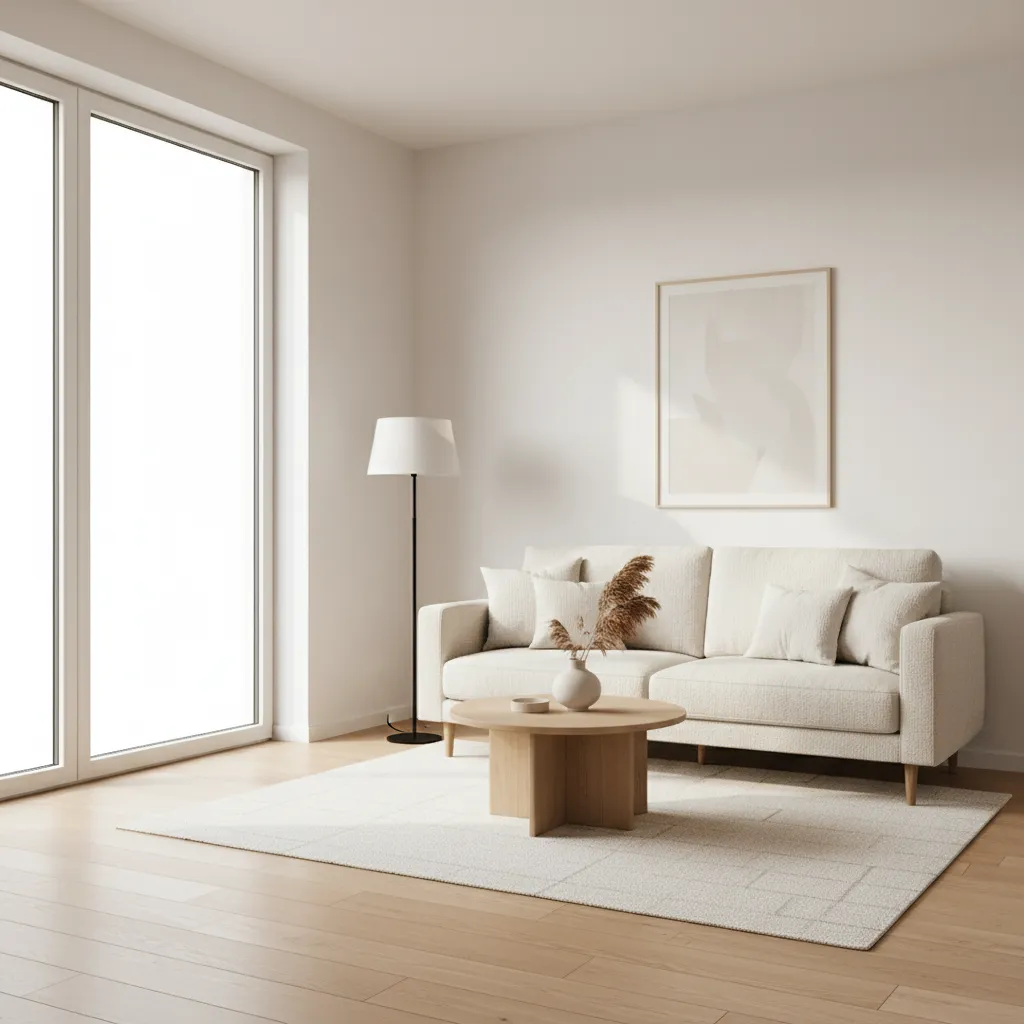 Minimalist living room with cream sofa wooden coffee table floor lamp and large bright window