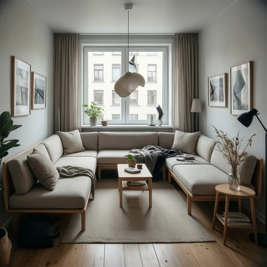 Pequeño apartamento minimalista bien organizado con muebles funcionales