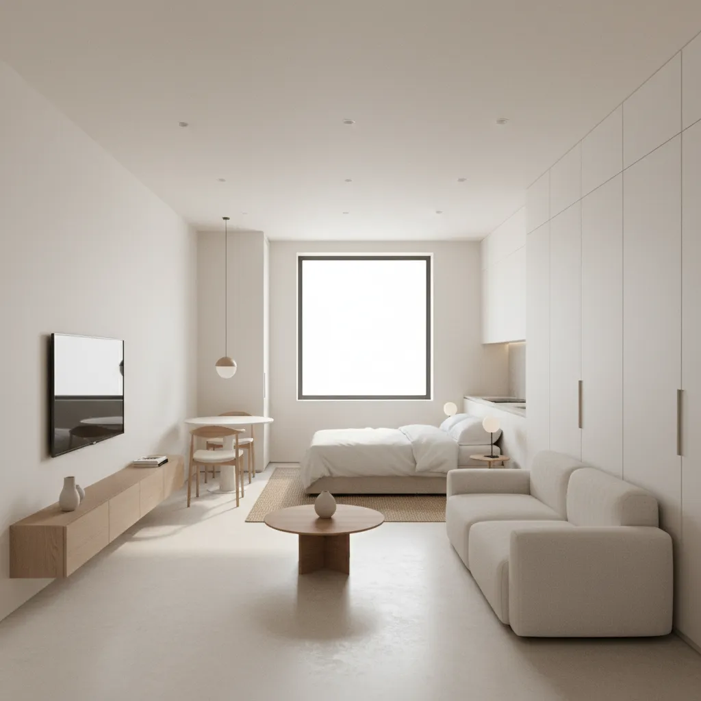 Minimalist compact apartment interior with open floor space