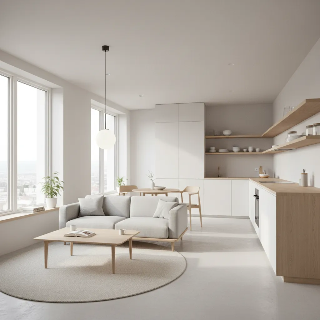 Modern open living area with grey sofa wooden coffee table white kitchen cabinets and windows