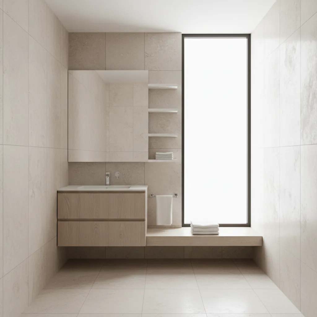 Minimalist bathroom with slim floating shelves and integrated towel rail storage