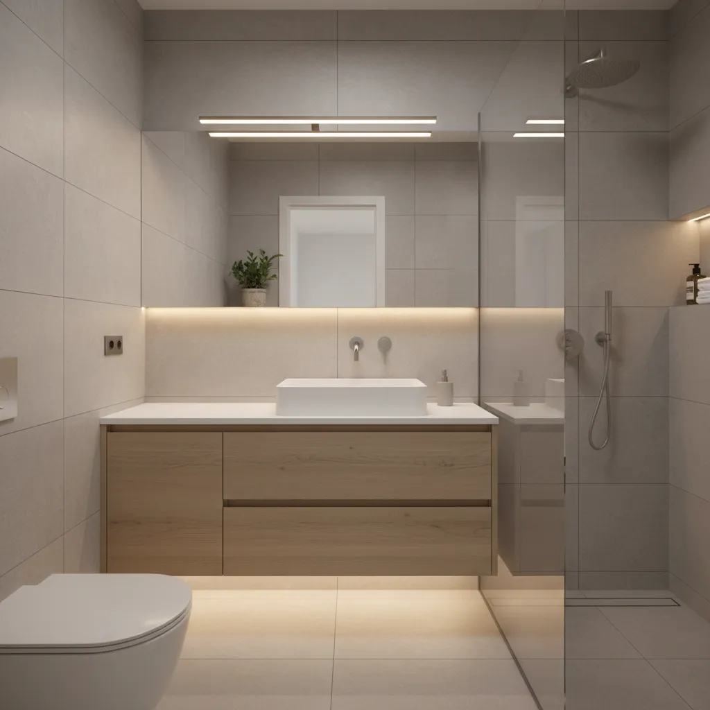 Modern bathroom interior with wooden cabinet white sink rectangular mirror glass shower door and light