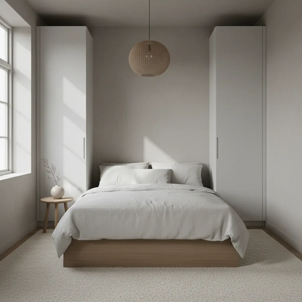 Dormitorio minimalista pequeño con tonos claros y diseño simple