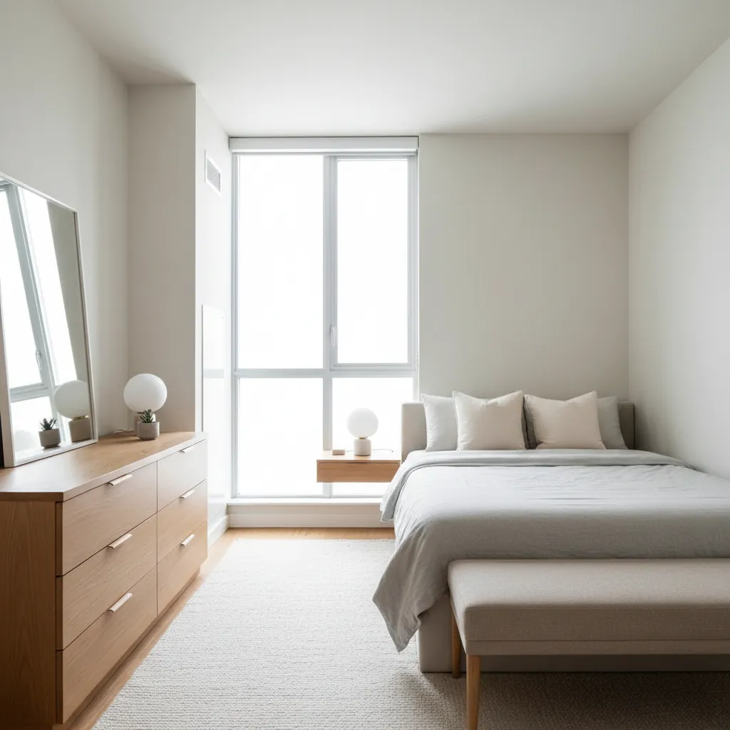 Dormitorio minimalista en casa pequeña de dos plantas