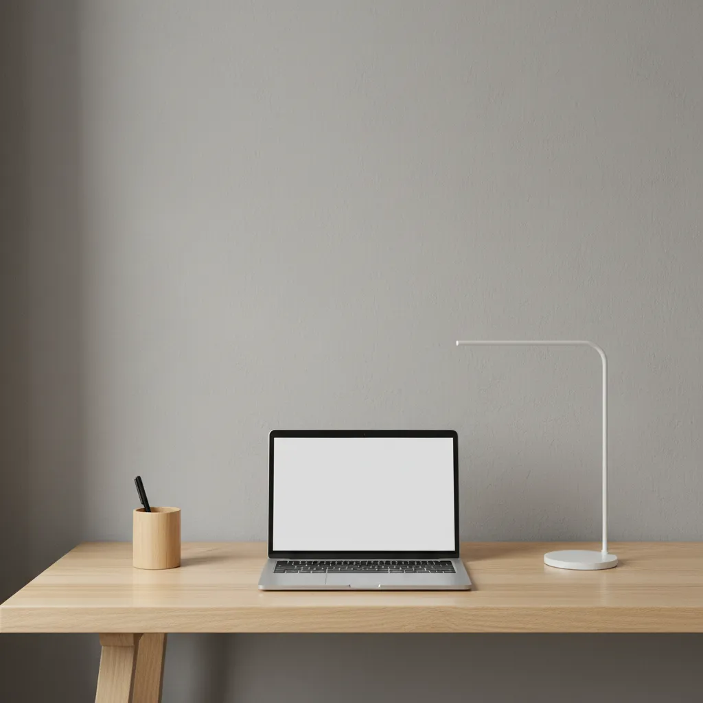 Minimalist small desk organization with laptop lamp and single organizer