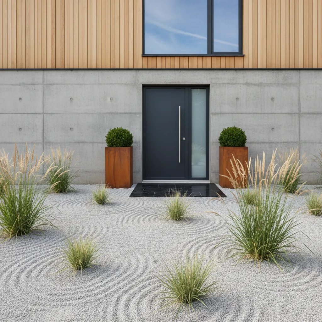 Jardín frontal pequeño con pocas plantas y diseño limpio