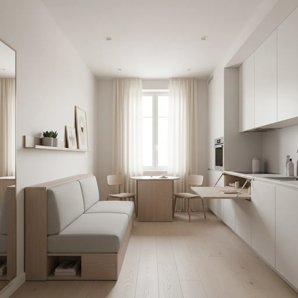 Casa pequeña con diseño interior minimalista y muebles funcionales