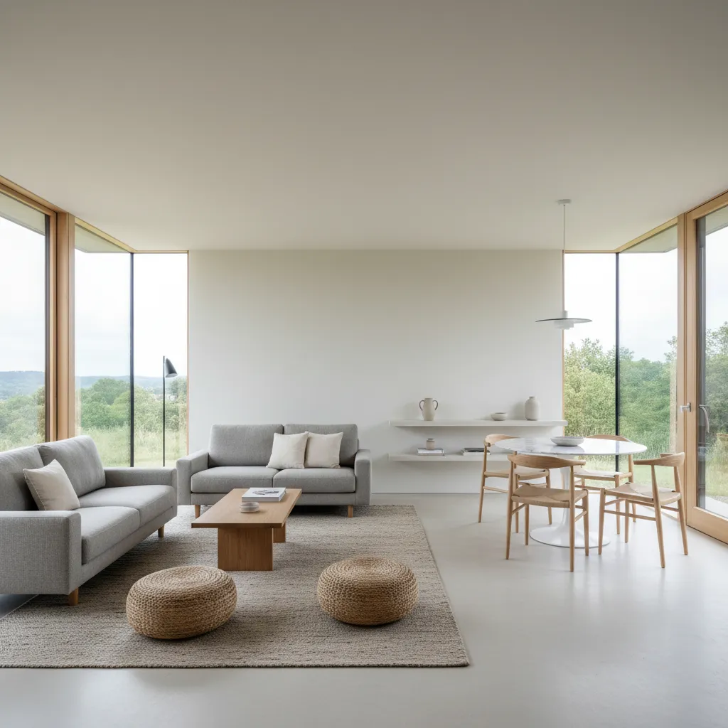 Pequeña casa minimalista con interior luminoso y muebles simples