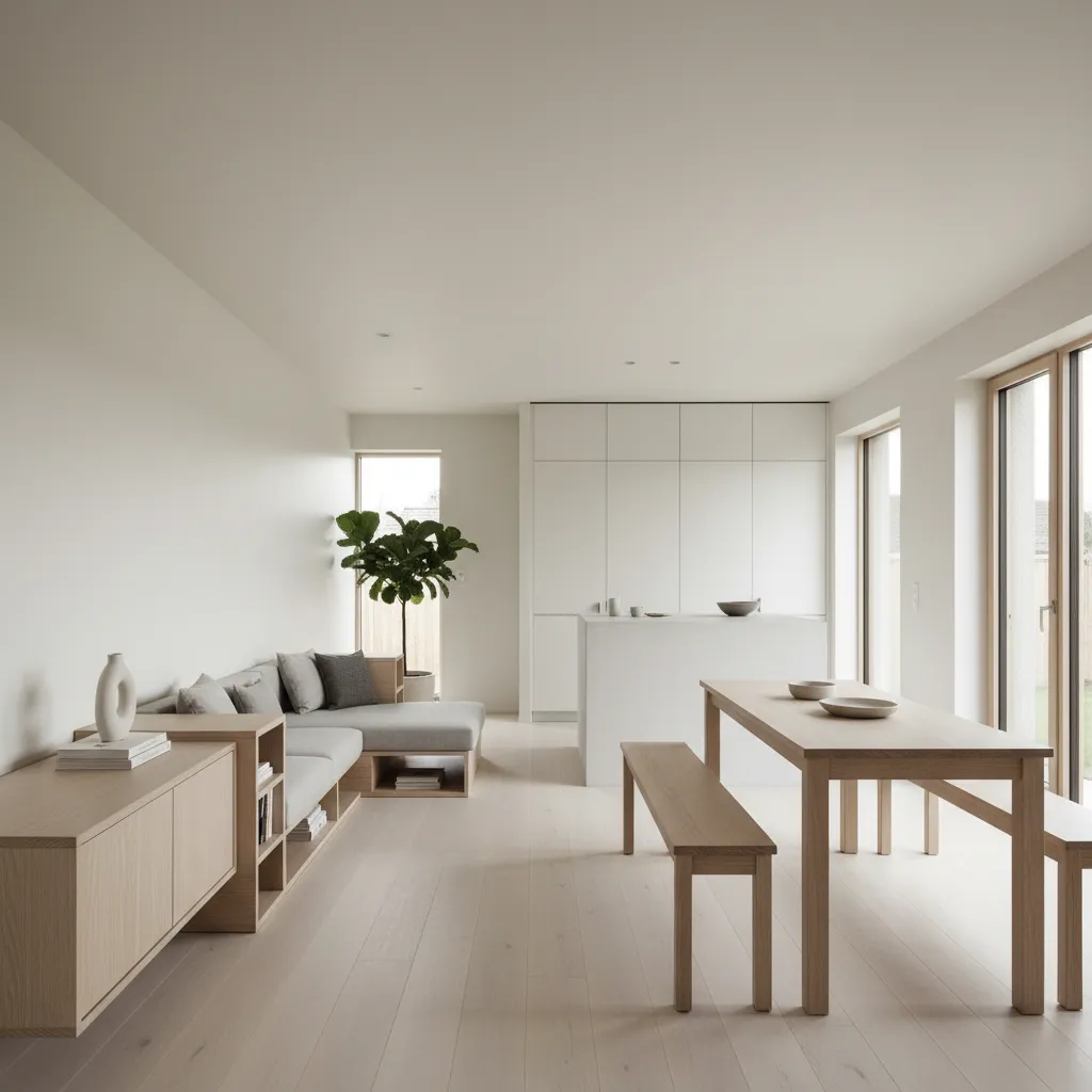 Minimalist open living area with wooden dining table grey sofa white walls and natural light