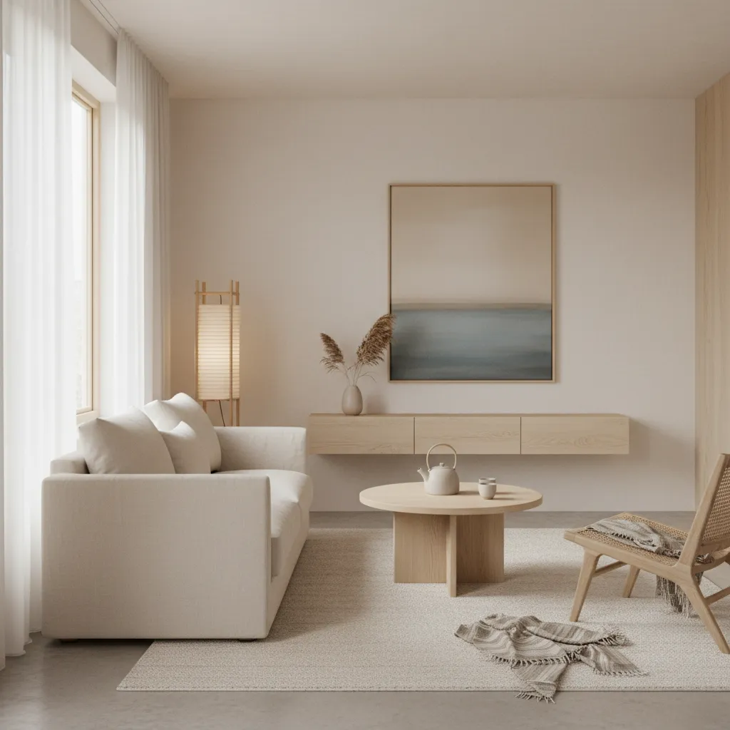 Interior minimalista ideal para casas pequeñas con colores claros y muebles simples