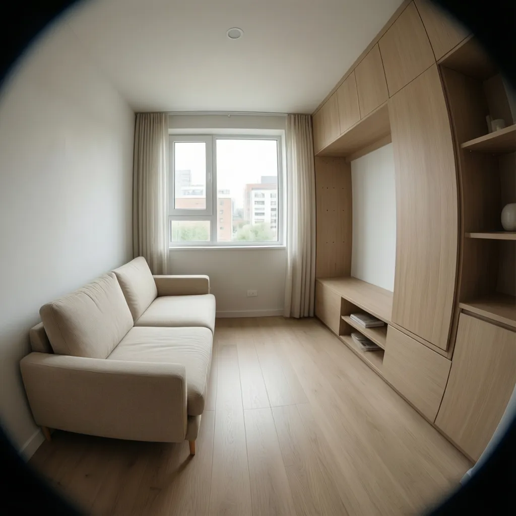 Sala minimalista en casa pequeña moderna con muebles simples