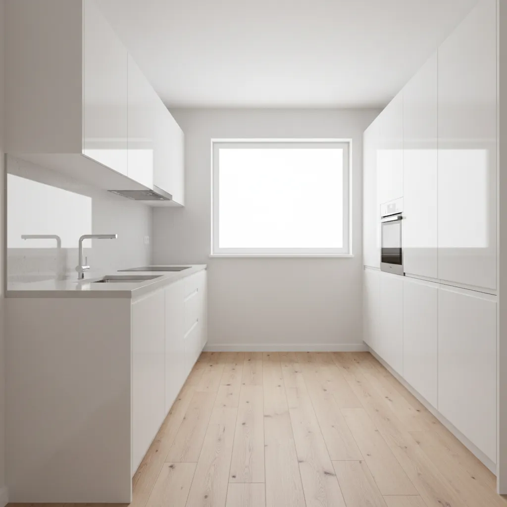 Minimal flat panel cabinets in a bright small kitchen